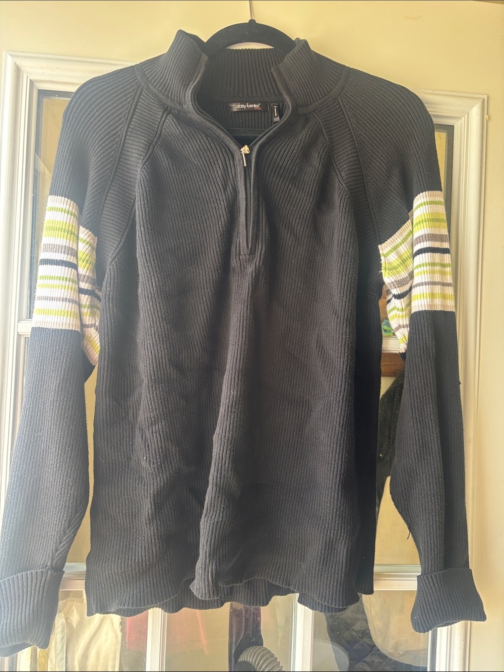 Daisy Fuentes Black Half-Zip Sweater with Green and White Striped Sleeves